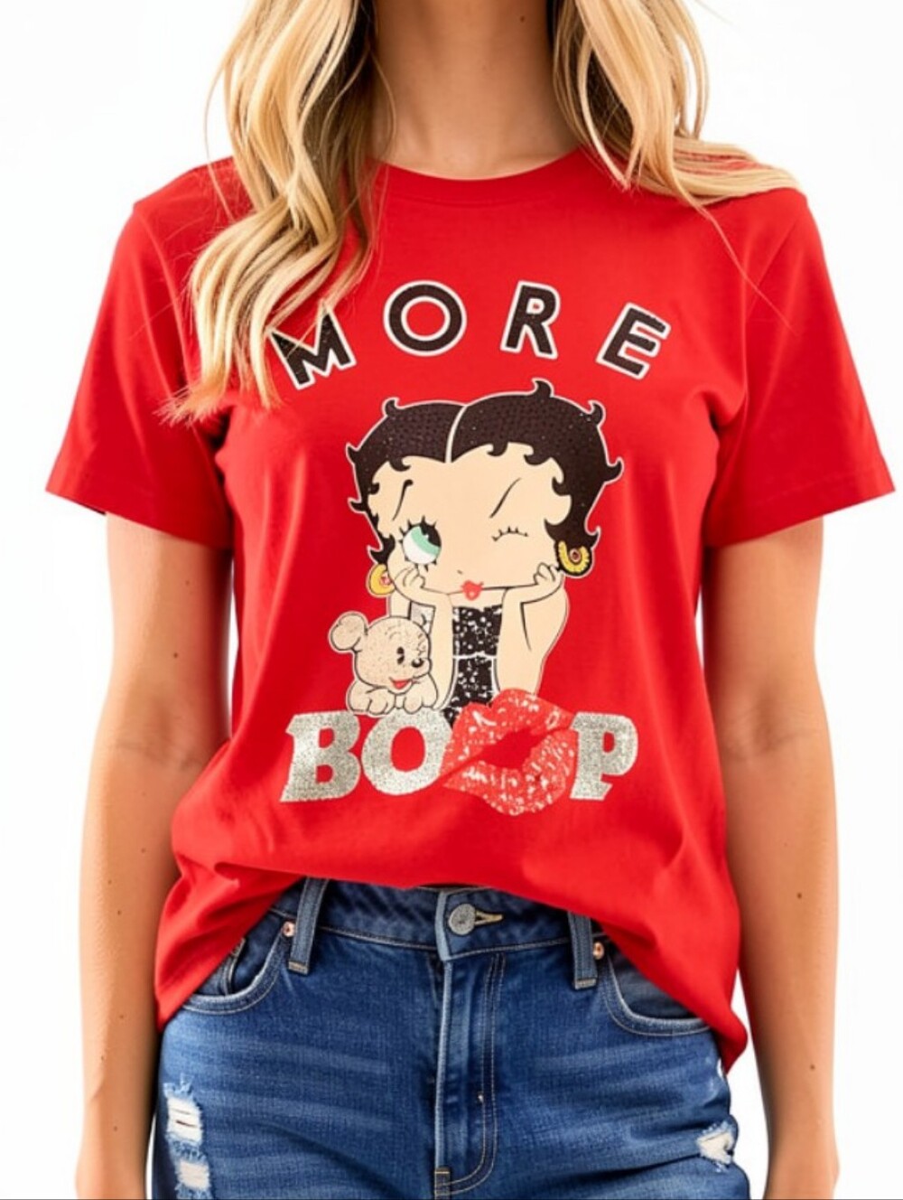S/M❤️Betty Boop Vibrant Red Graphic Tee with Glitter Accents